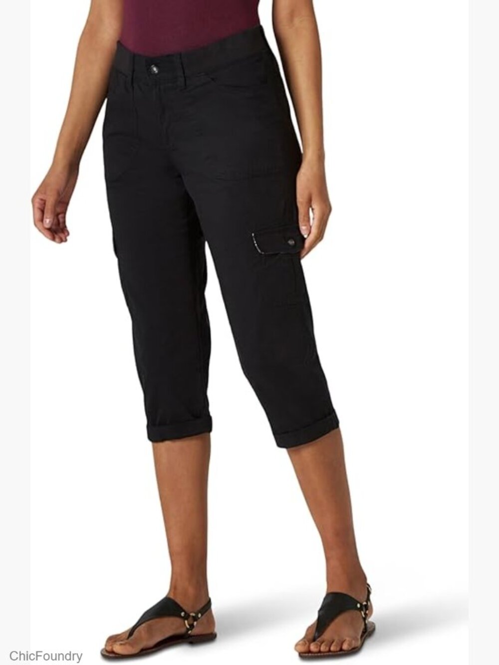 Relaxed Fit Cargo Capri Pants with Knit Waist Stretch Twill Fabric